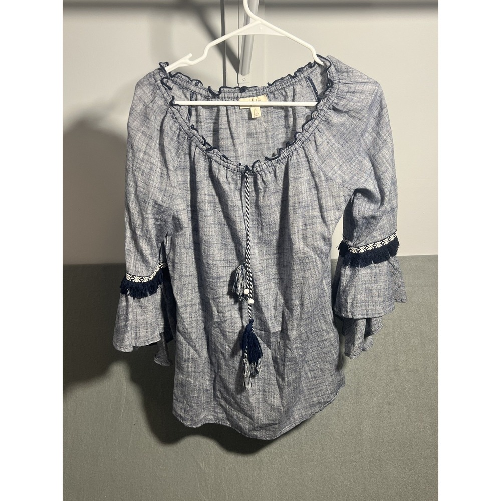 Style & Co Women's Size S Light Blue Linen Blend Off Shoulder Tassel Bell Sleeve
